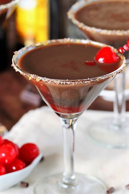 chocolate martini garnished with a cherry