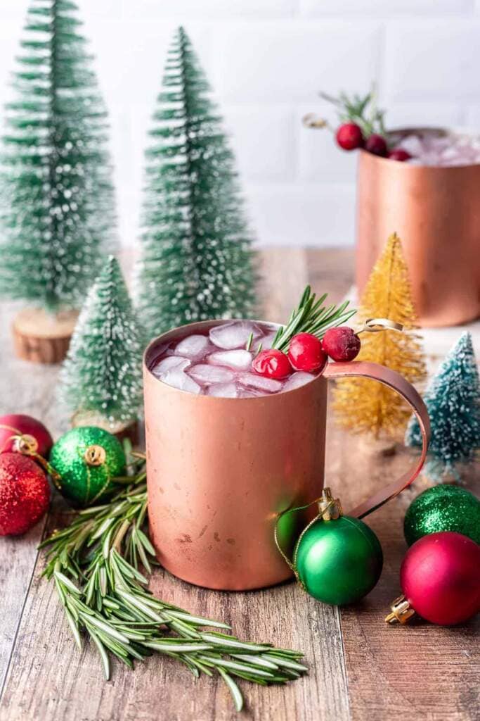Christams Moscow Mule in a copper cup and garnished with cranberries