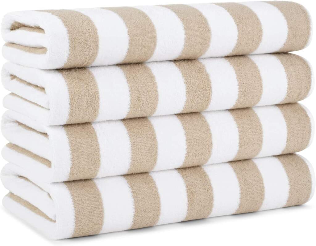 tan and white striped beach towels